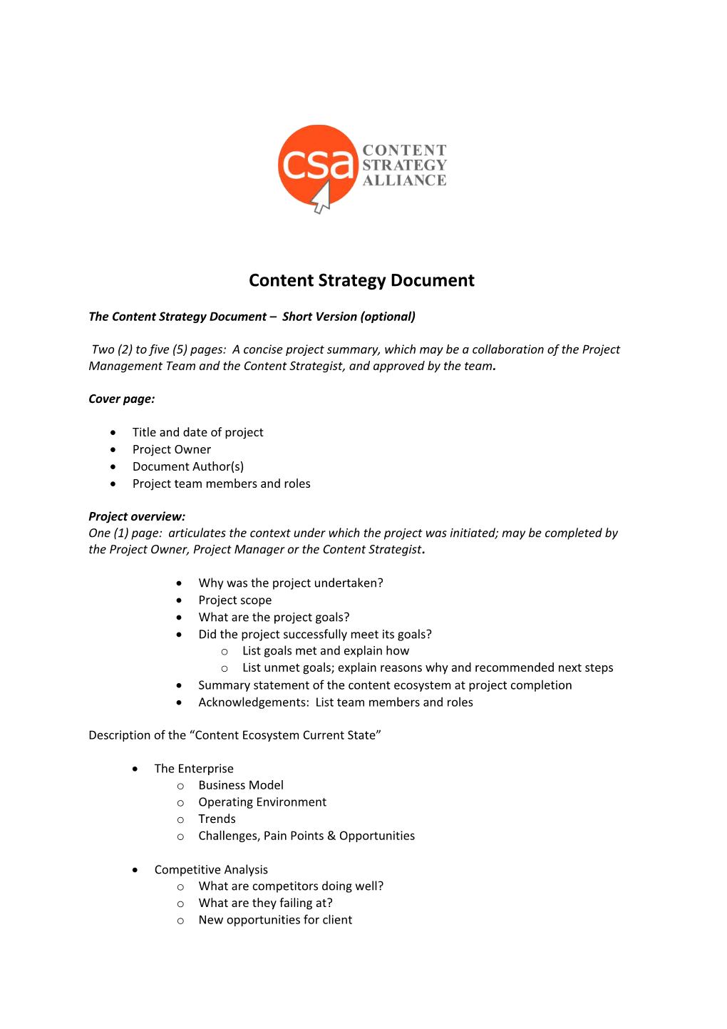 The Content Strategy Document Short Version (Optional)