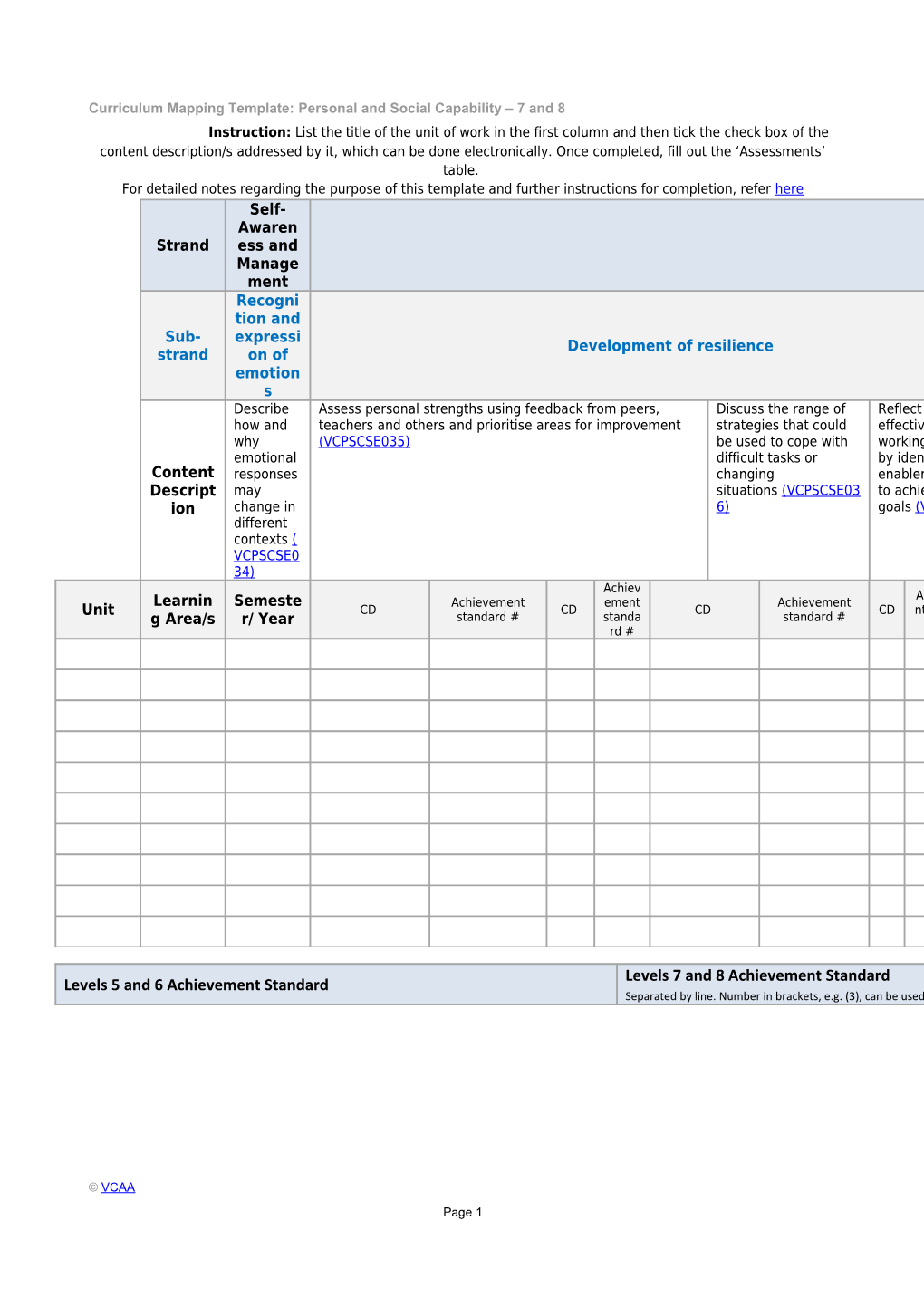 Curriculum Mapping Template: Personal and Social Capability 7 and 8