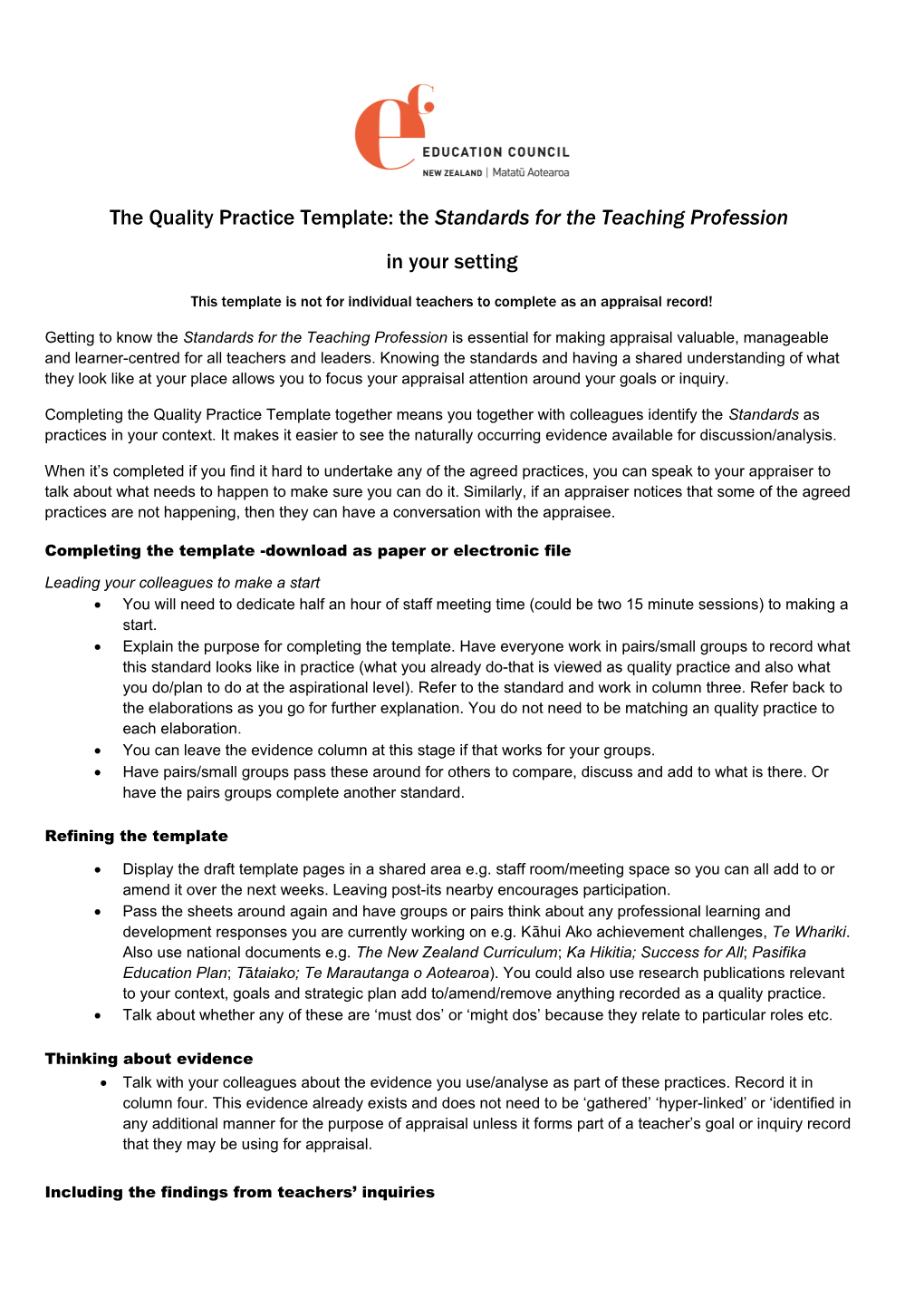 The Quality Practice Template: the Standards for the Teaching Profession