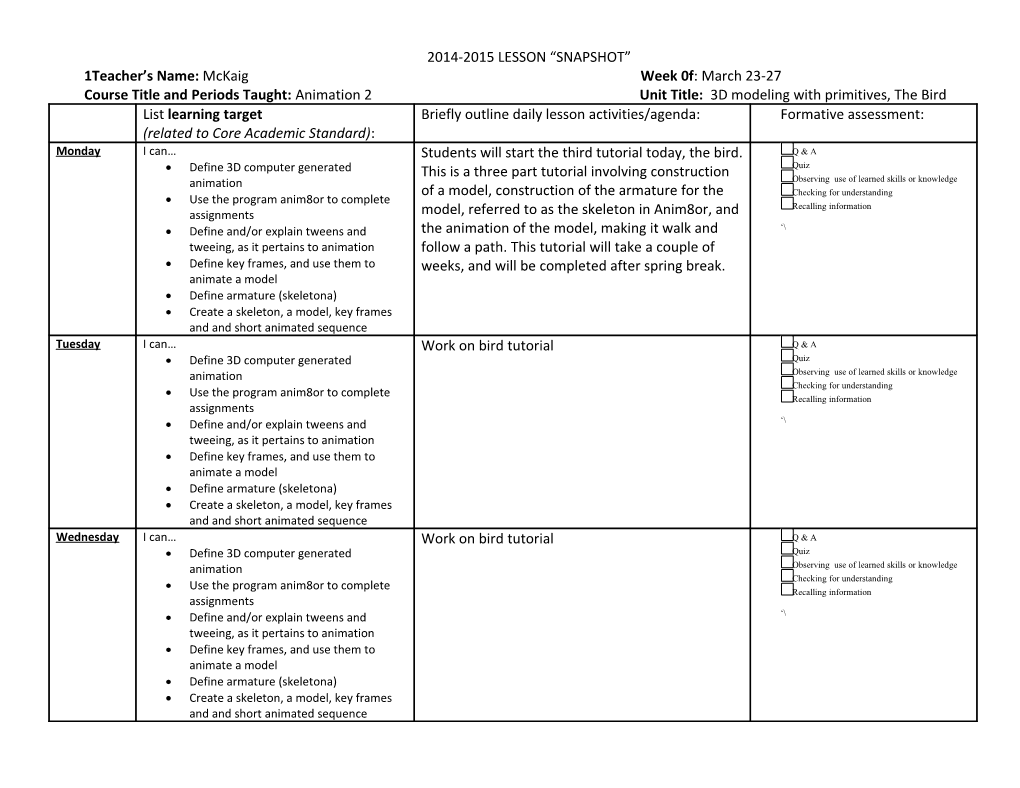 2014-2015 Lesson Snapshot