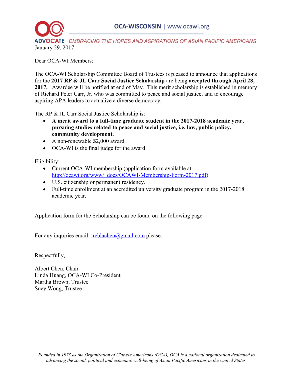 OCA Scholarship Application