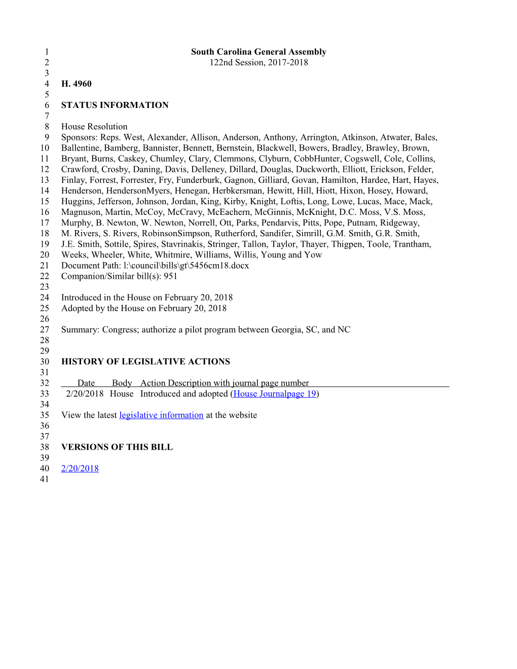 2017-2018 Bill 4960: Congress; Authorize a Pilot Program Between Georgia, SC, and NC