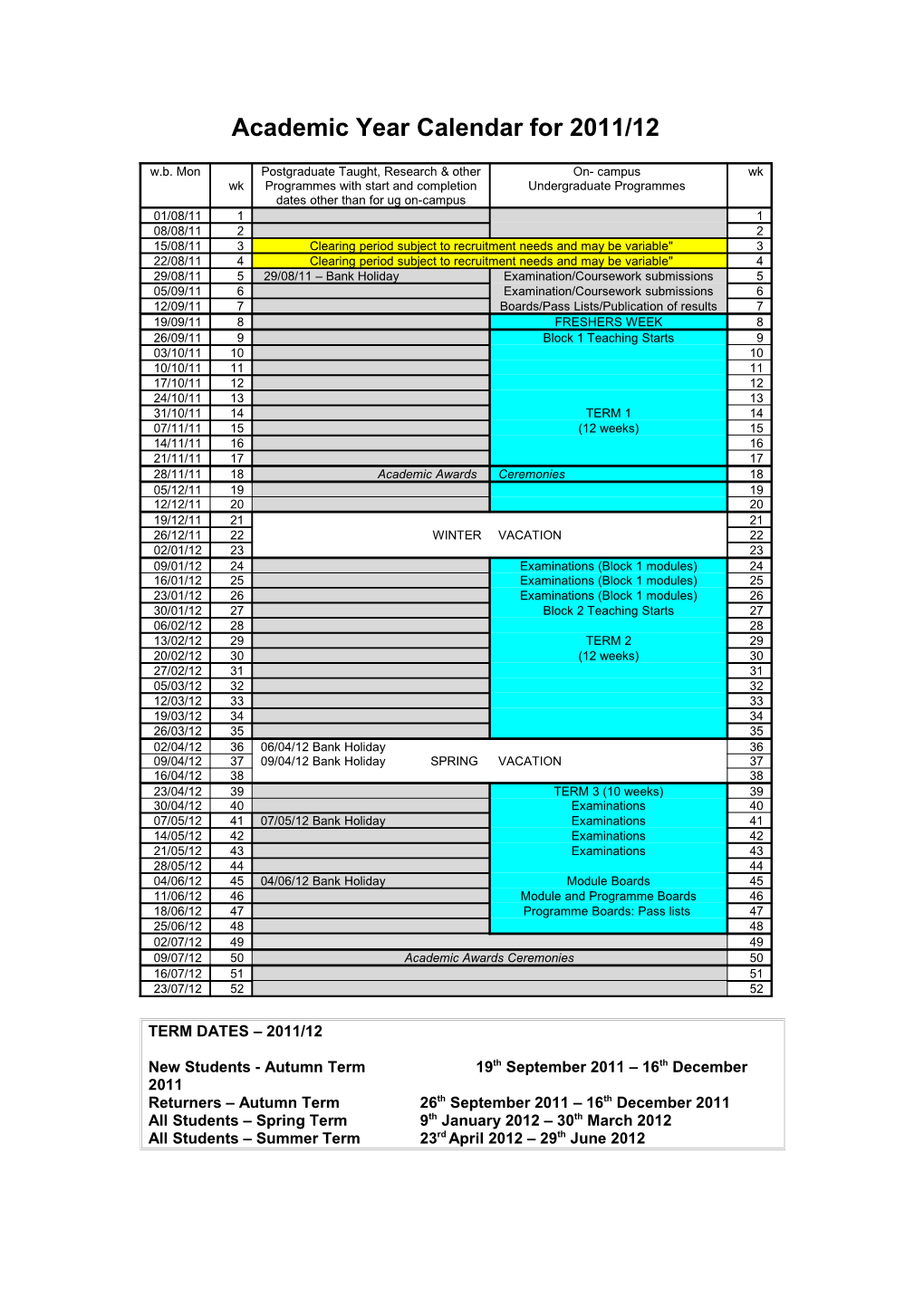 Academic Year Calendar for 2005/06