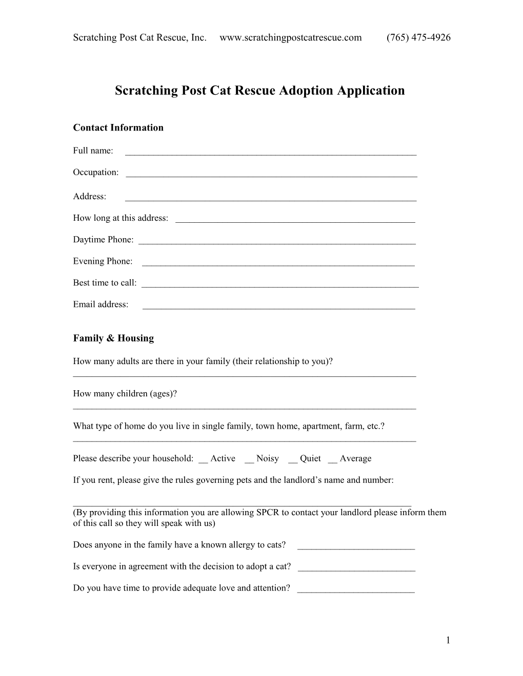 Cat Adoption Application Form