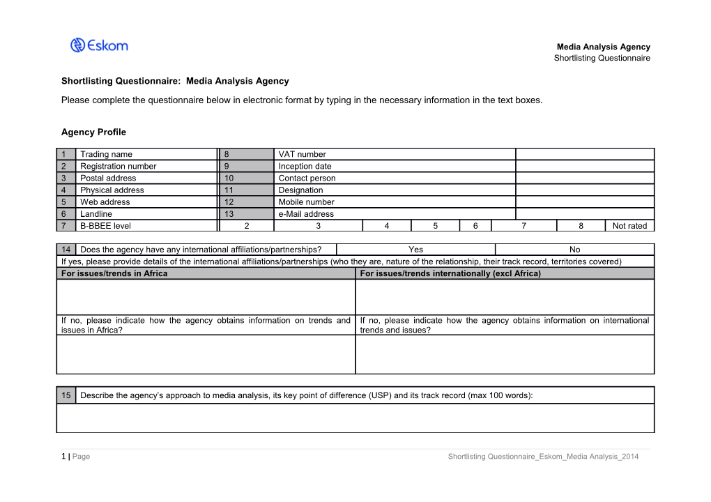 Shortlisting Questionnaire: Media Analysis Agency