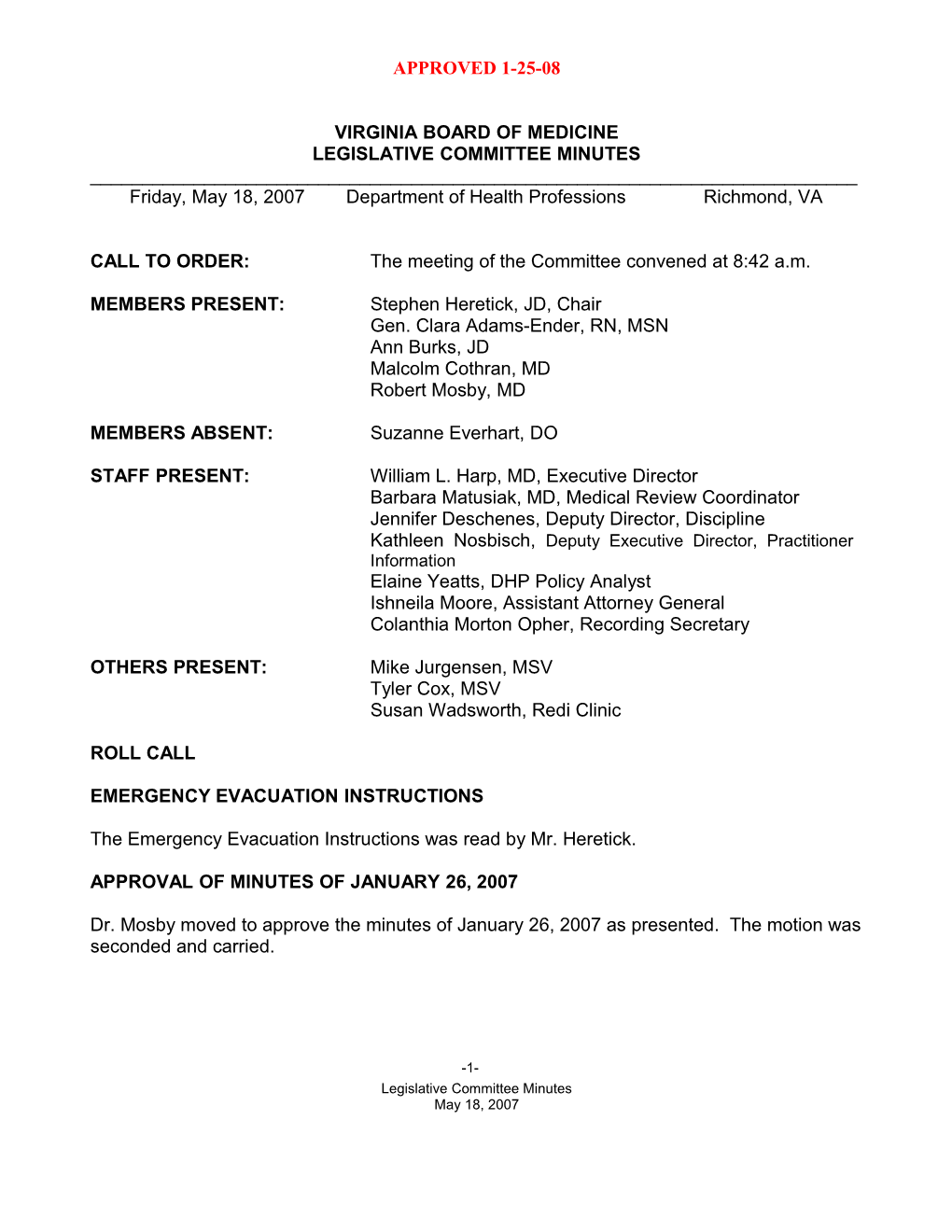 Medicine - Approved Minutes for May 18, 2007 Legislative Committee Meeting