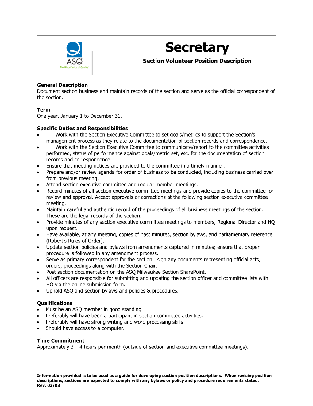 Section Volunteer Position Description
