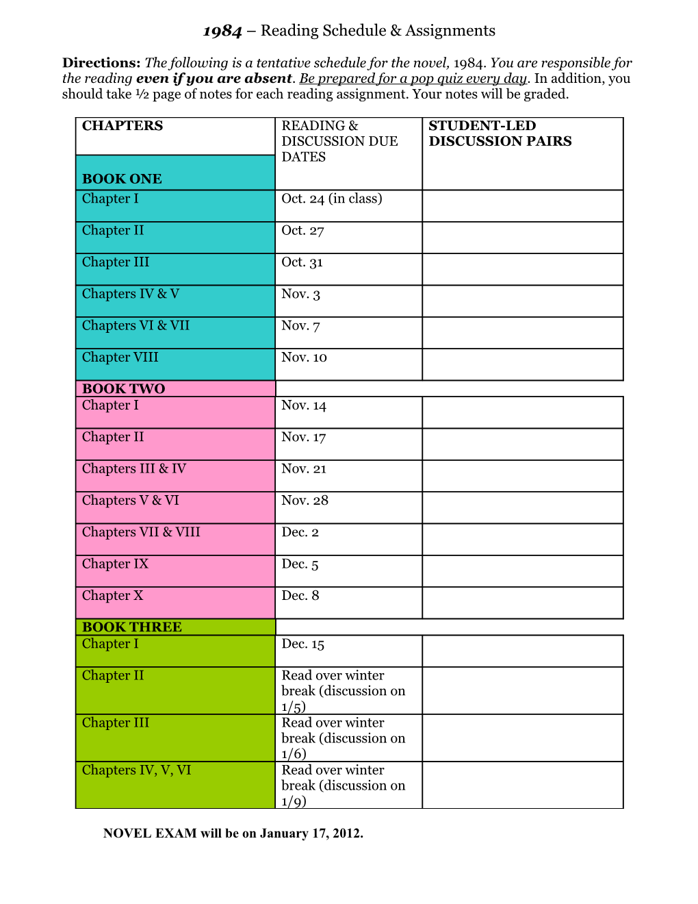 Tuesdays with Morrie Reading Schedule