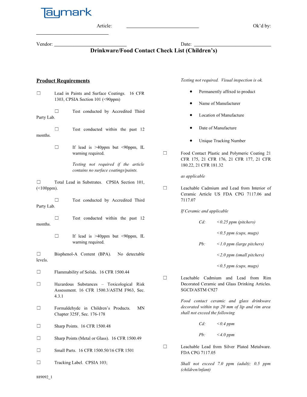 Drinkware/Food Contactcheck List (Children S)