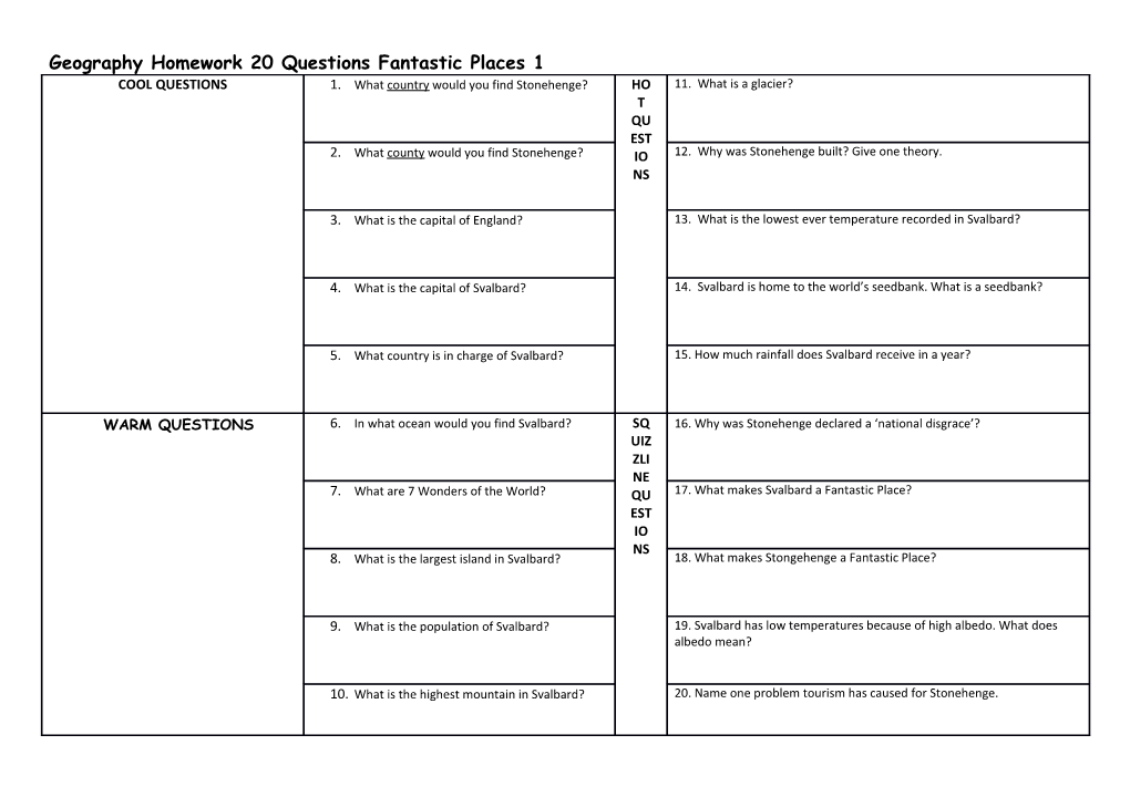 Geography Homework 20 Questions Fantastic Places 1