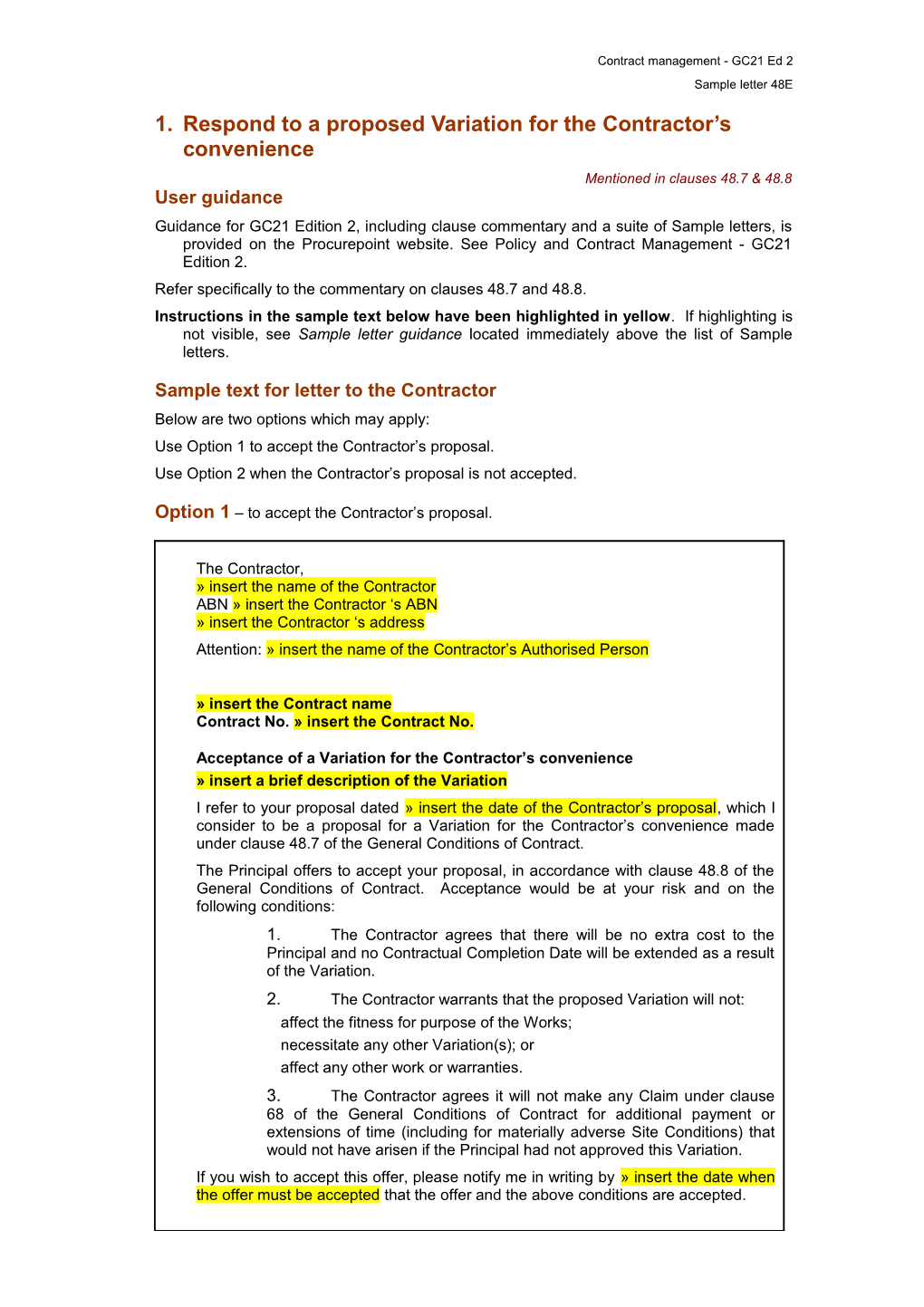 MW21 Sample Letter 9A - Respond to a Proposed Variation for the Contractor S Convenience