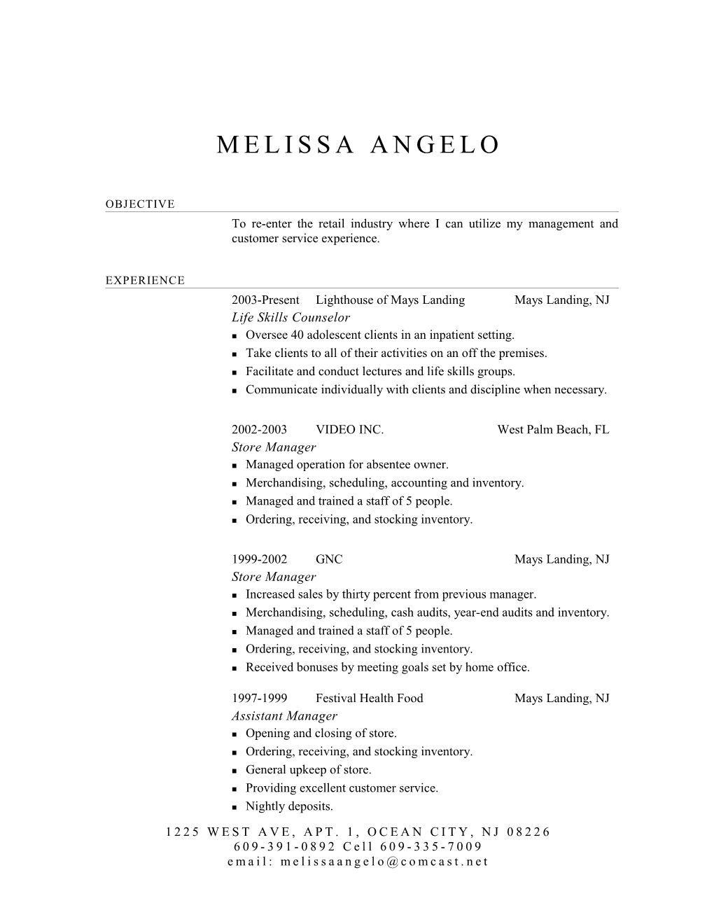 Melissa Angelo Retail Resume