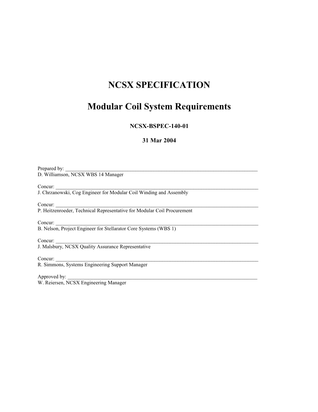 Modular Coil System Requirements NCSX BSPEC-140-01-00