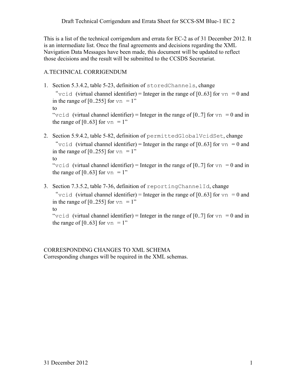 Draft Technical Corrigendum and Errata Sheet for SCCS-SM Blue-1 EC 2