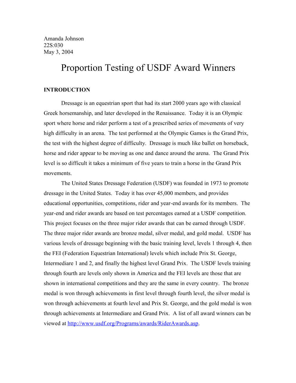 Proportion Testing of USDF Award Winners