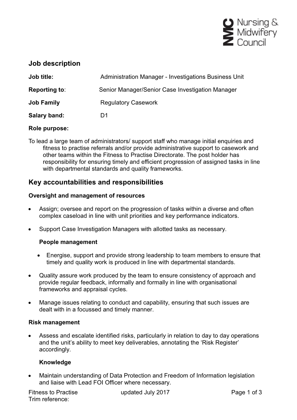 Job Title: Administration Manager - Investigations Business Unit