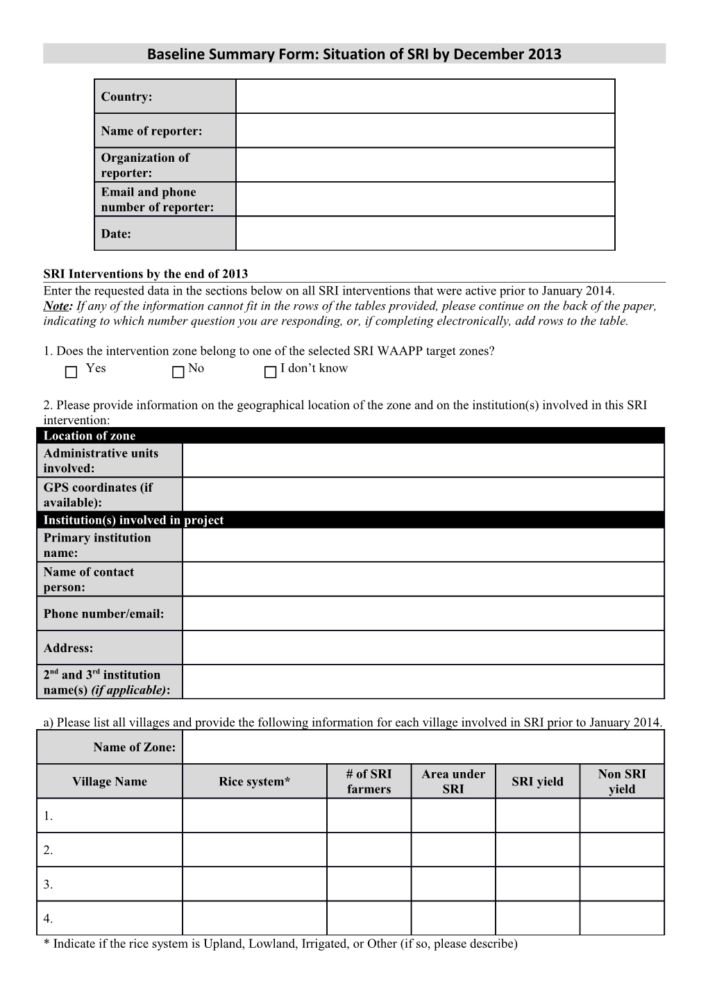 Baseline Summary Form: Situation of SRI by December 2013