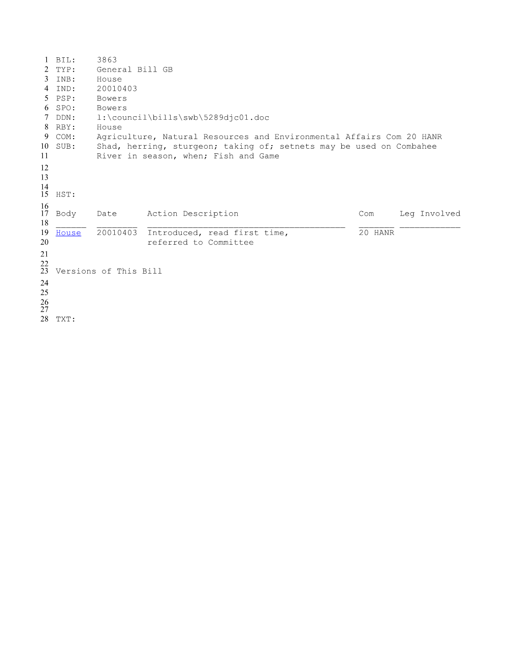 2001-2002 Bill 3863: Shad, Herring, Sturgeon; Taking Of; Setnets May Be Used on Combahee