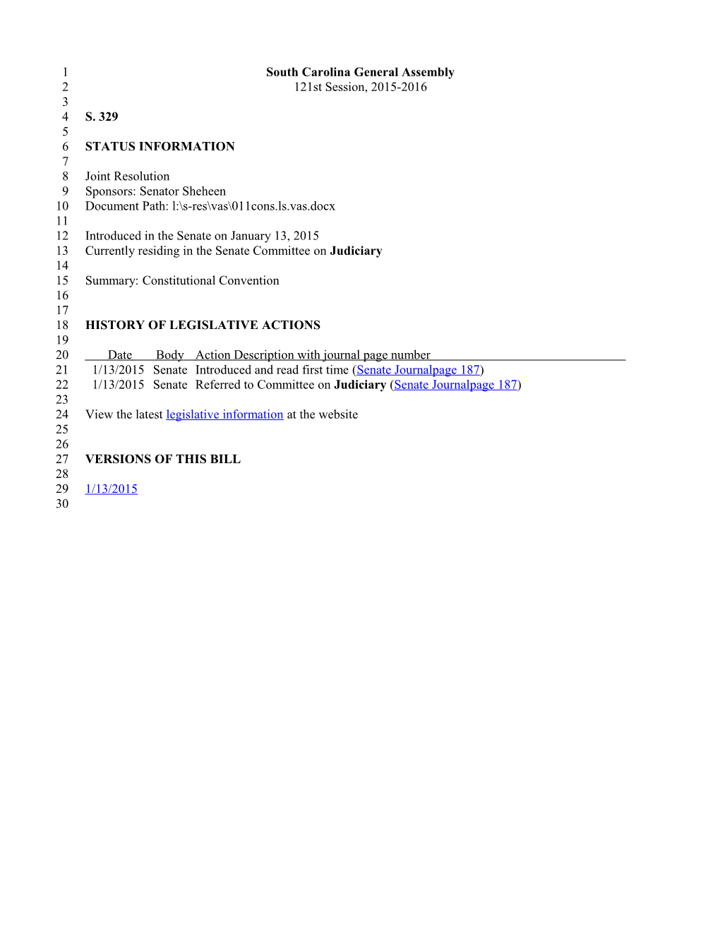 2015-2016 Bill 329: Constitutional Convention - South Carolina Legislature Online