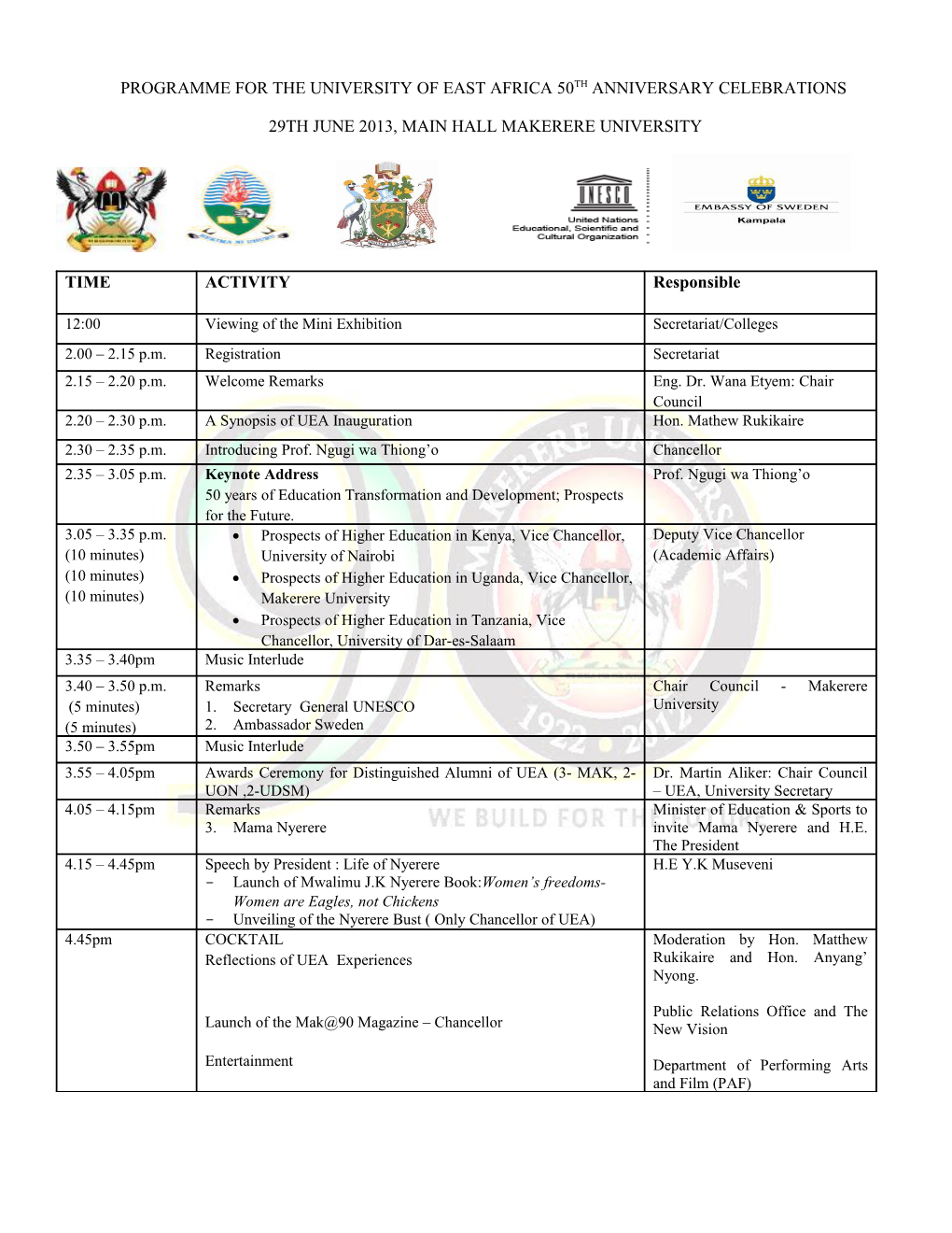 Programme for the University of East Africa 50Th Anniversary Celebrations