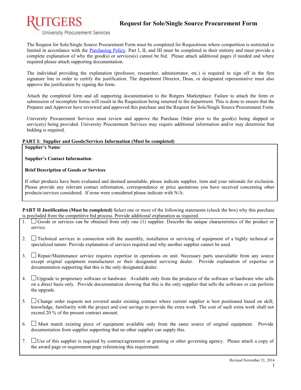 Sole/Single Source Justification Form