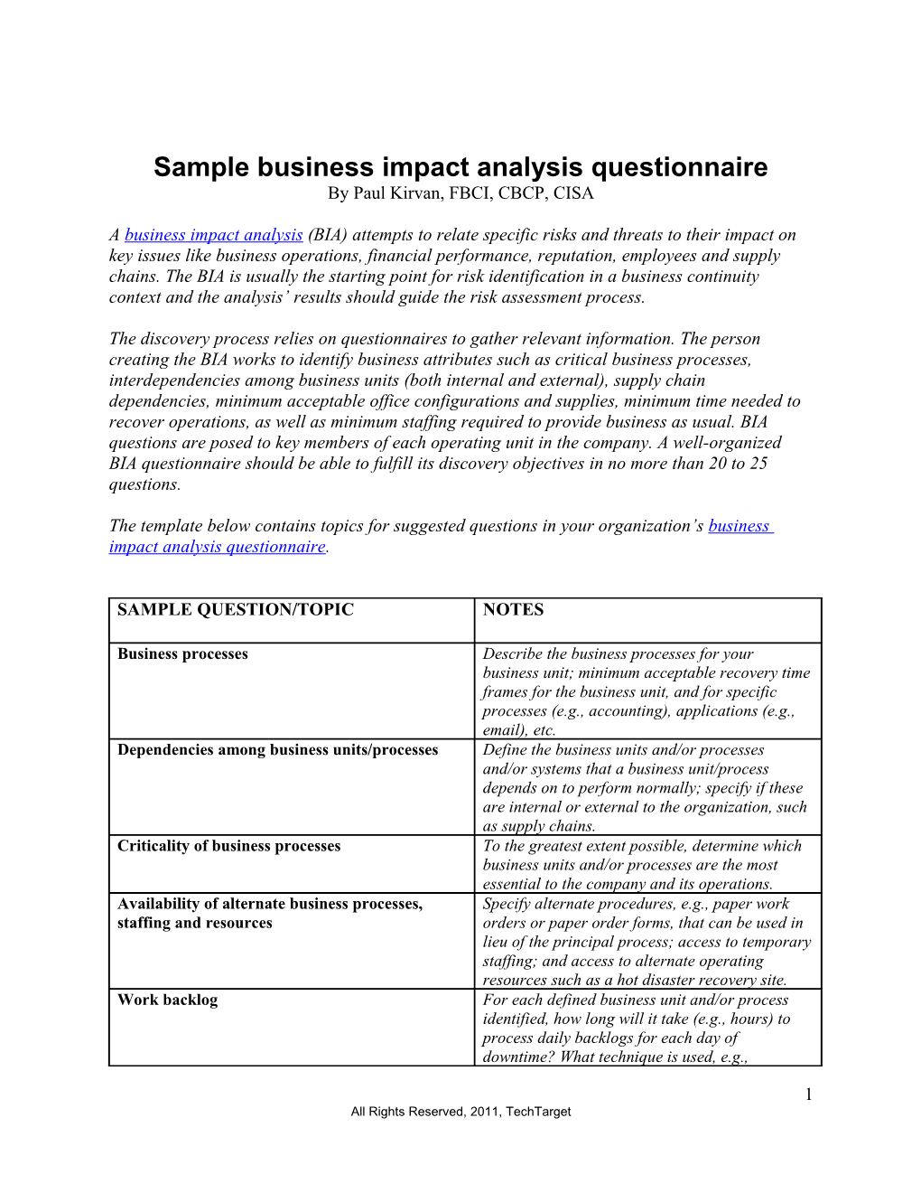 Sample Business Impact Analysis Questionnaire