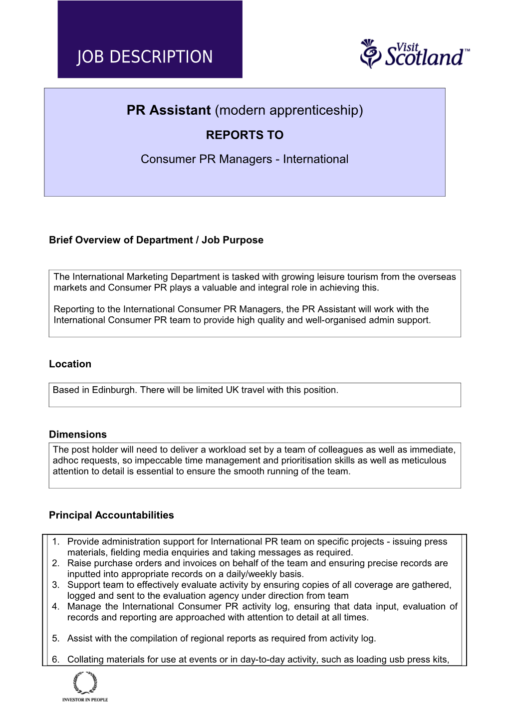 Brief Overview of Department / Job Purpose