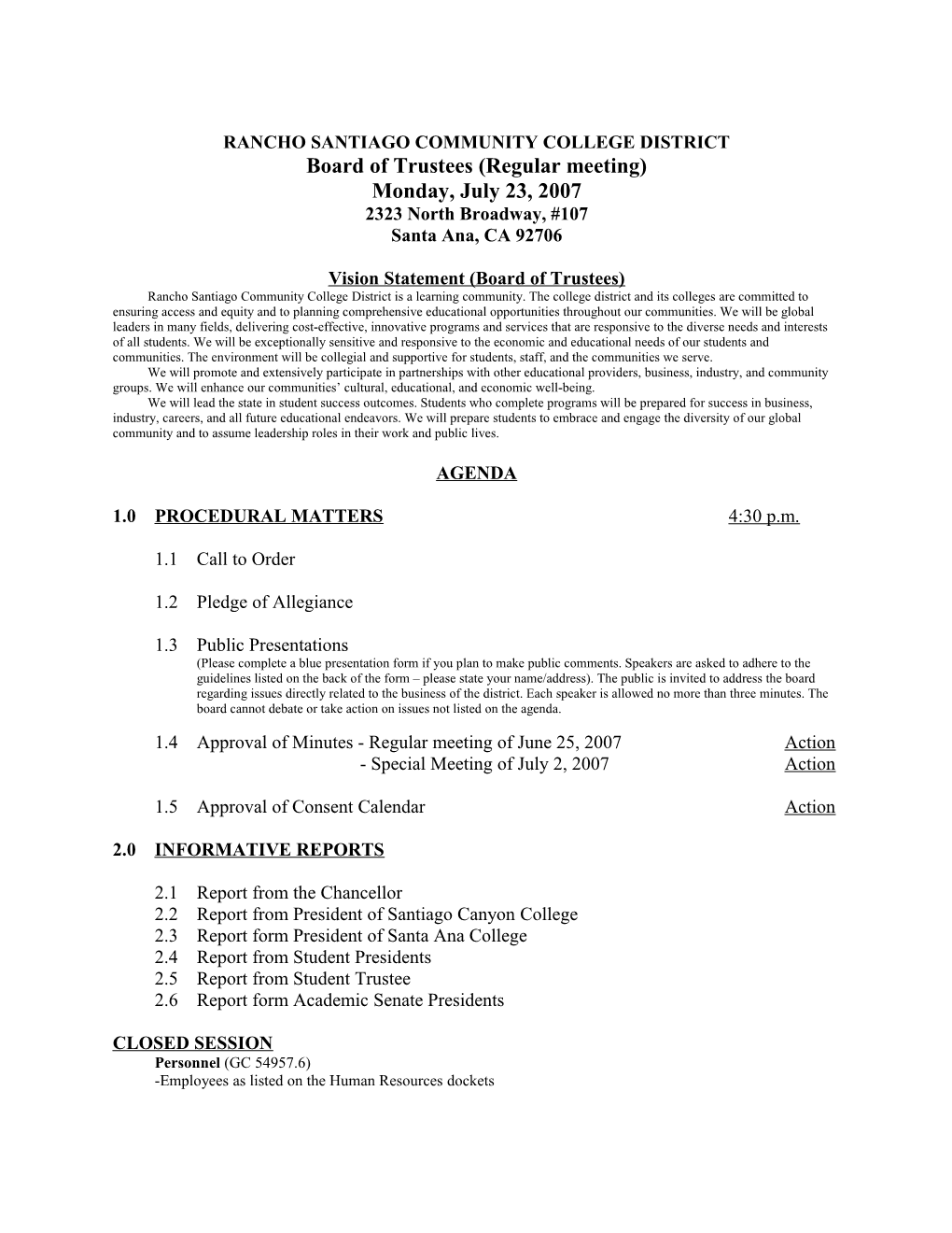 Agenda for July 23, 2007 Regular Meeting
