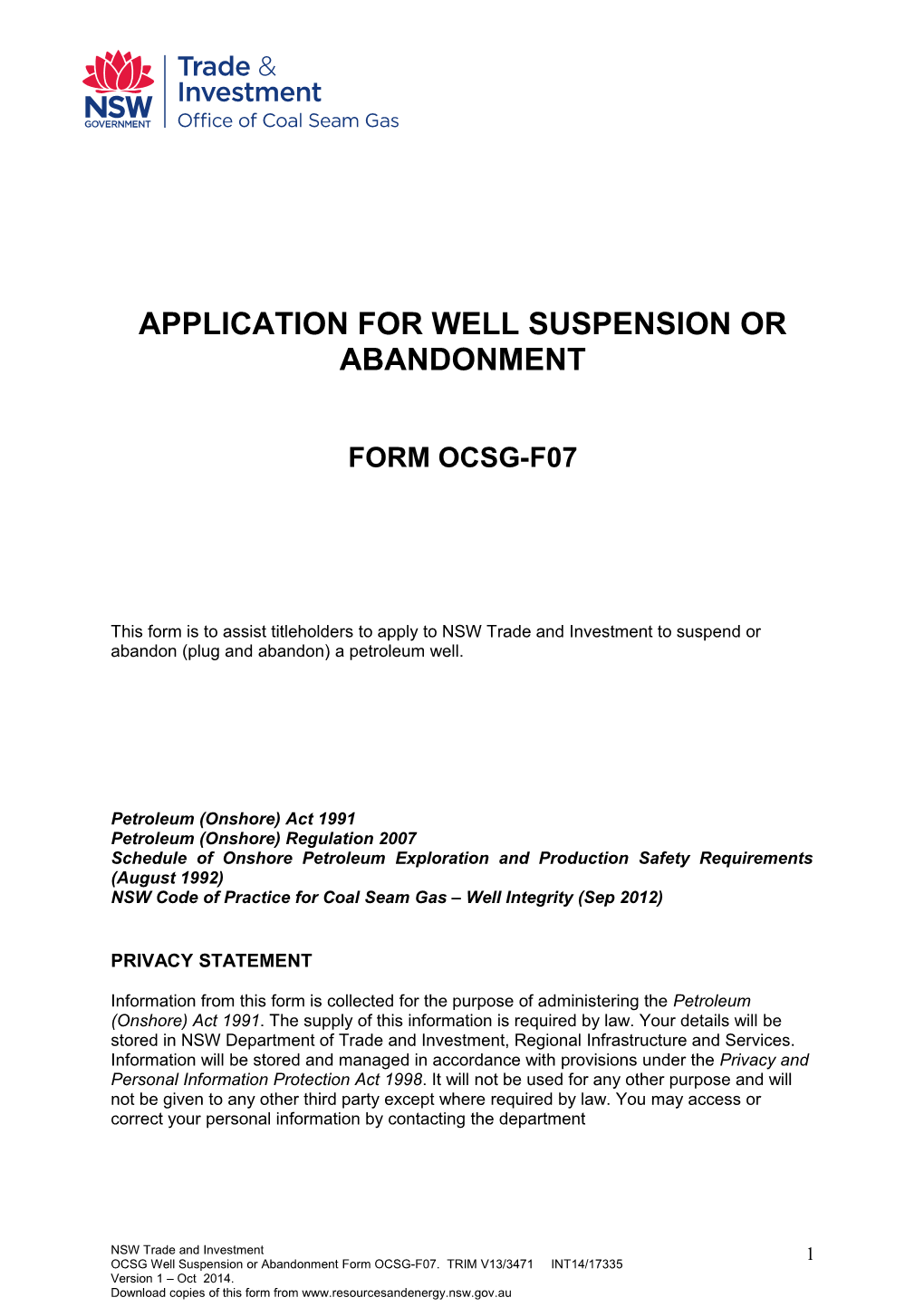 OCSG 07 Application for Well Abandonment & Suspension