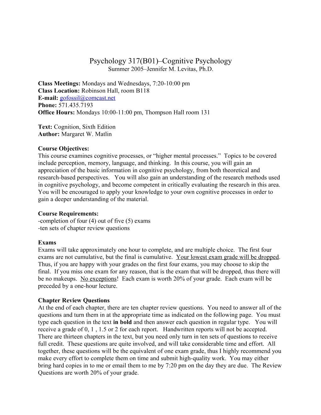 Psychology 317(B01) Cognitive Psychology