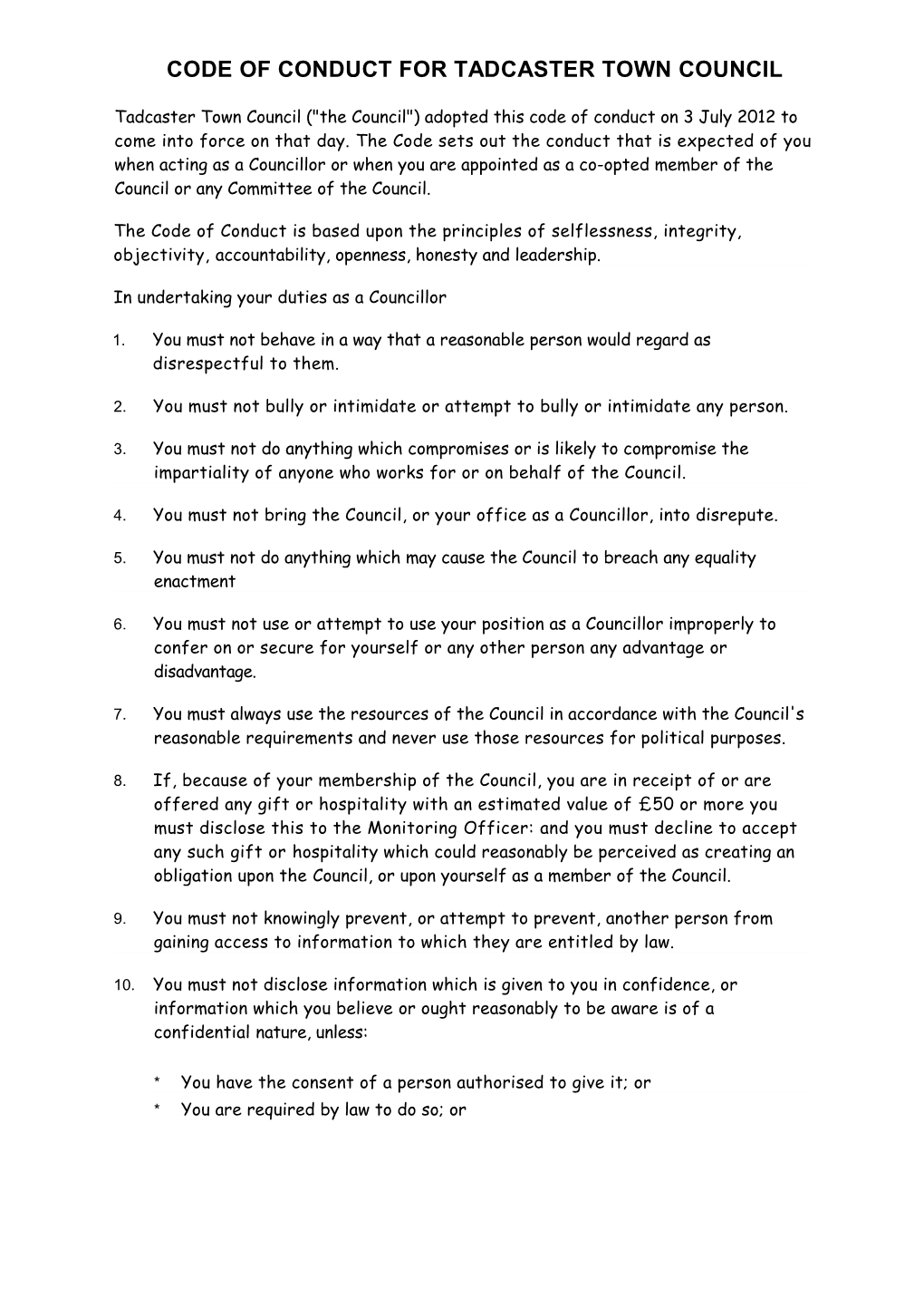 Code of Conduct for Tadcaster Town Council