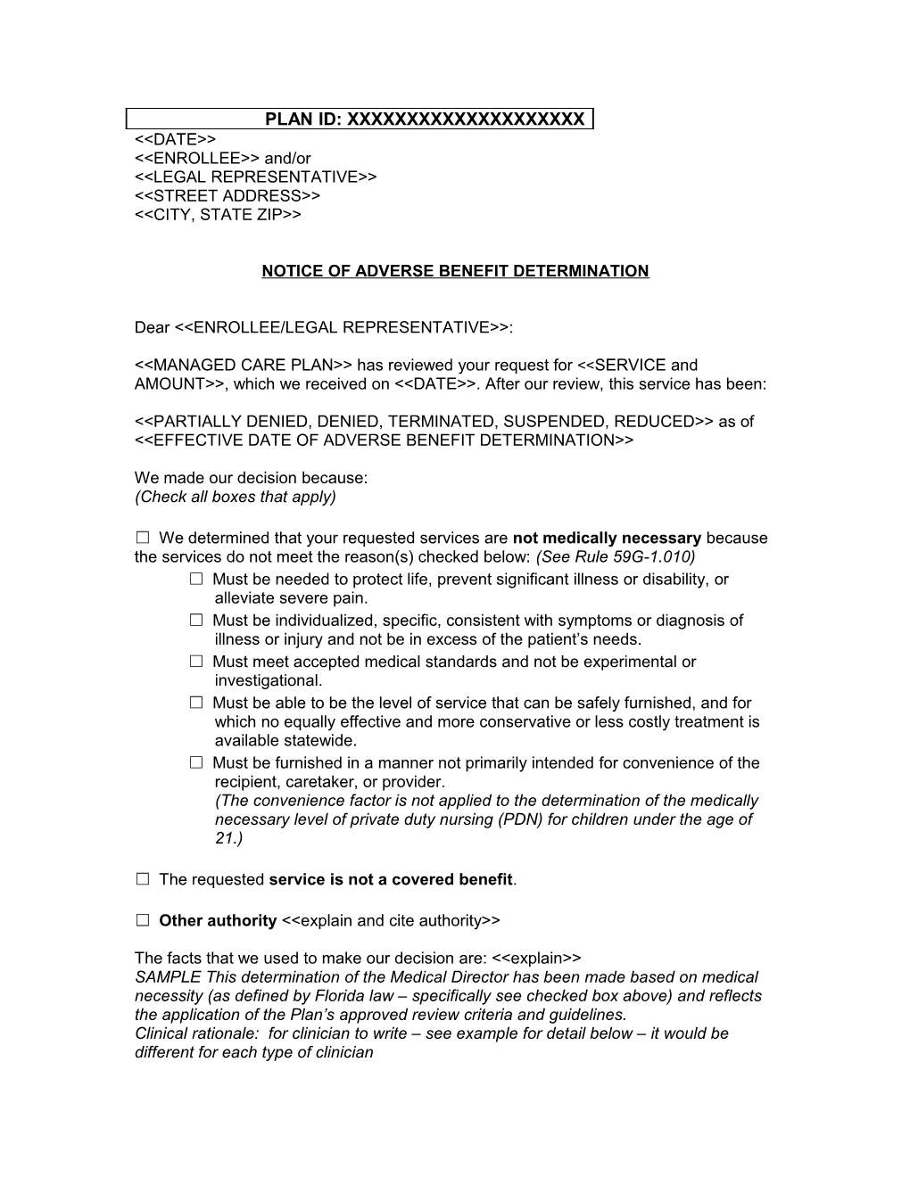 Notice of Adverse Benefit Determination