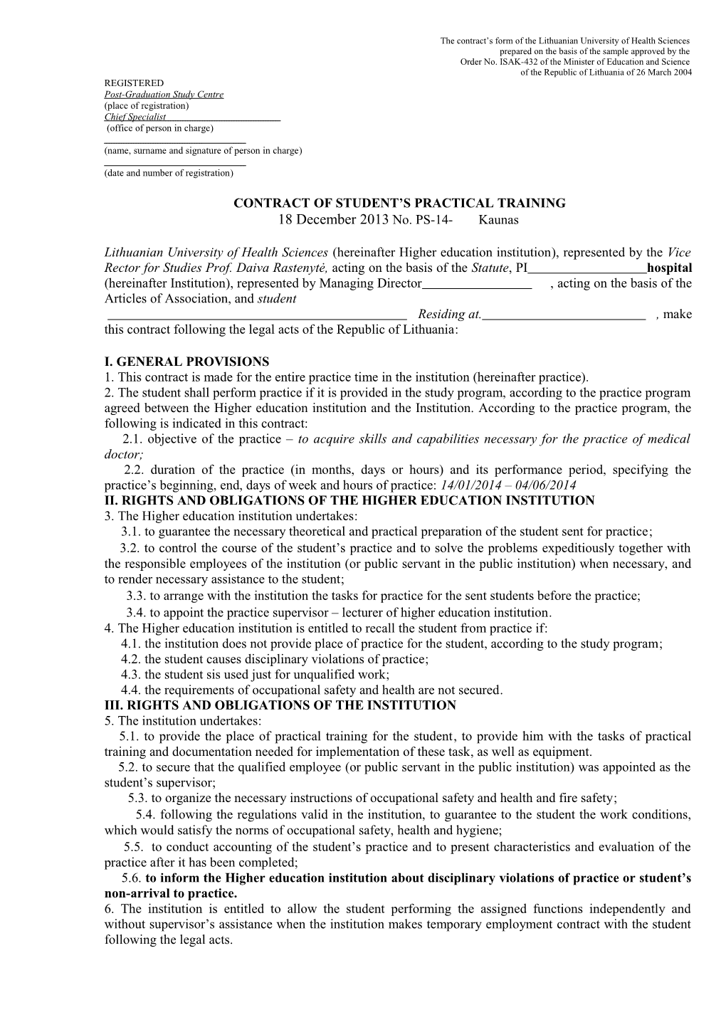 The Contract S Form of the Lithuanian University of Health Sciences