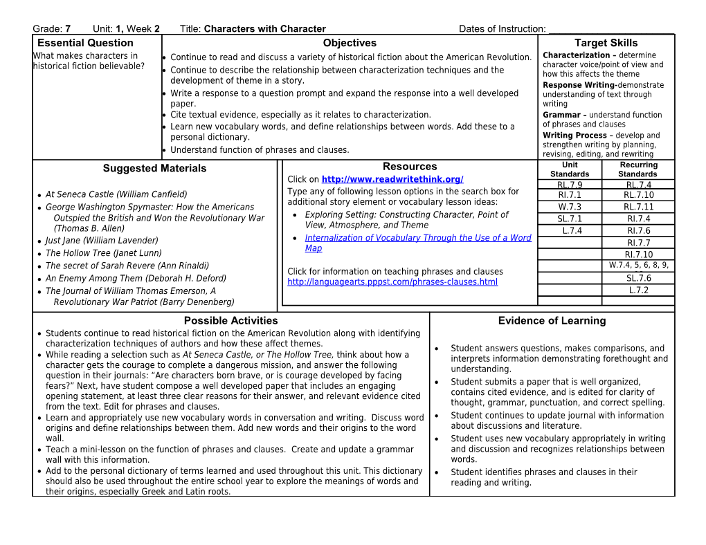 Grade: 7Unit: 1, Week2 Title: Characters with Character Dates of Instruction: ______