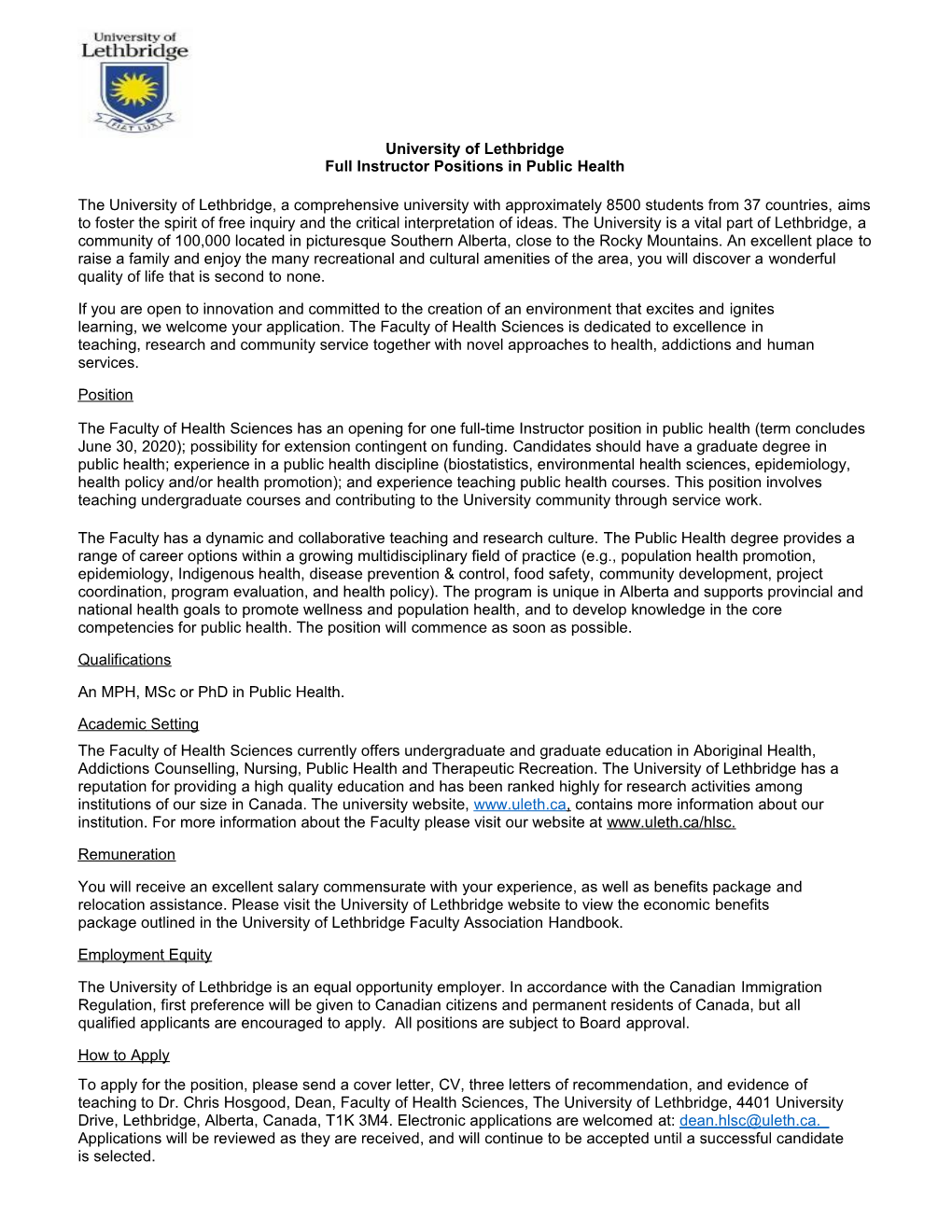 Full Instructor Positions in Public Health