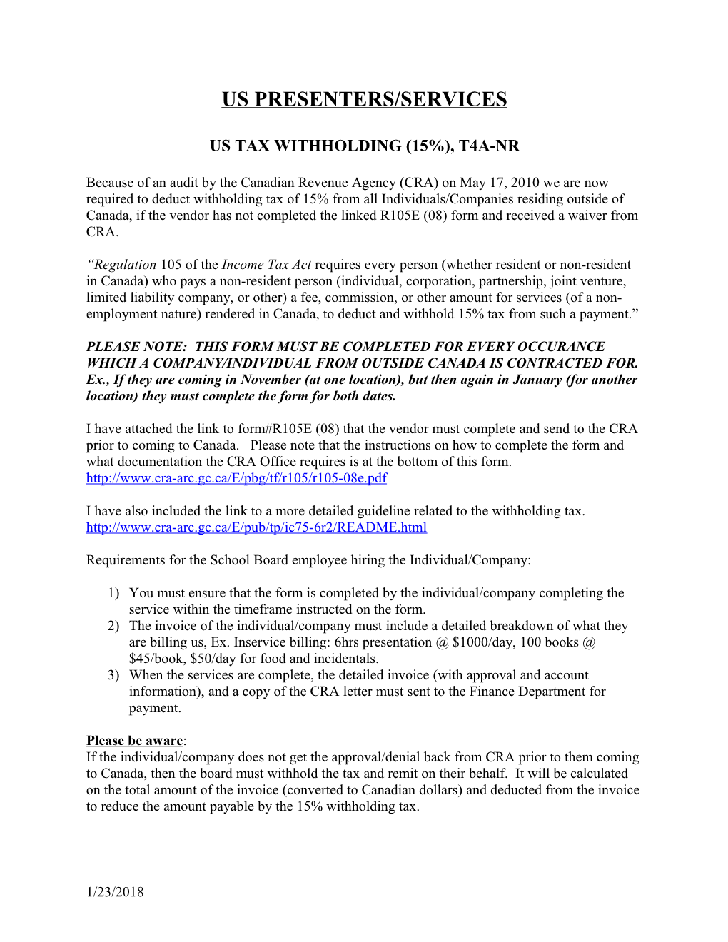 Us Tax Withholding (15%), T4a-Nr