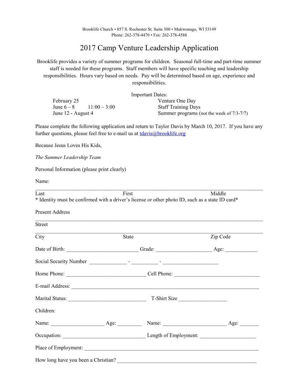 2017 Camp Venture Leadership Application