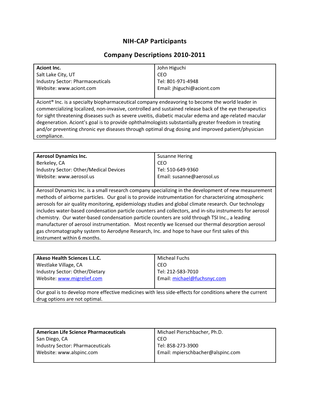 NIH-CAP Participants - Company Descriptions 2010-2011 - December 16, 2010