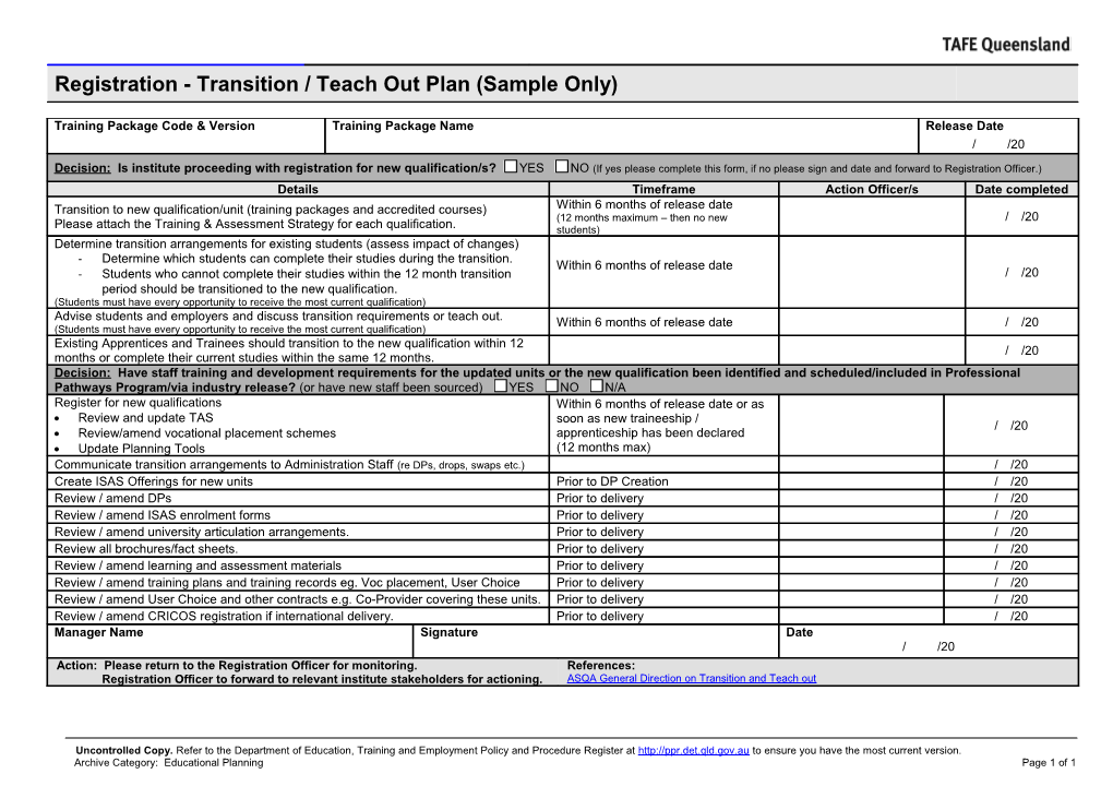 Transition And Teach Out Plan - Sample