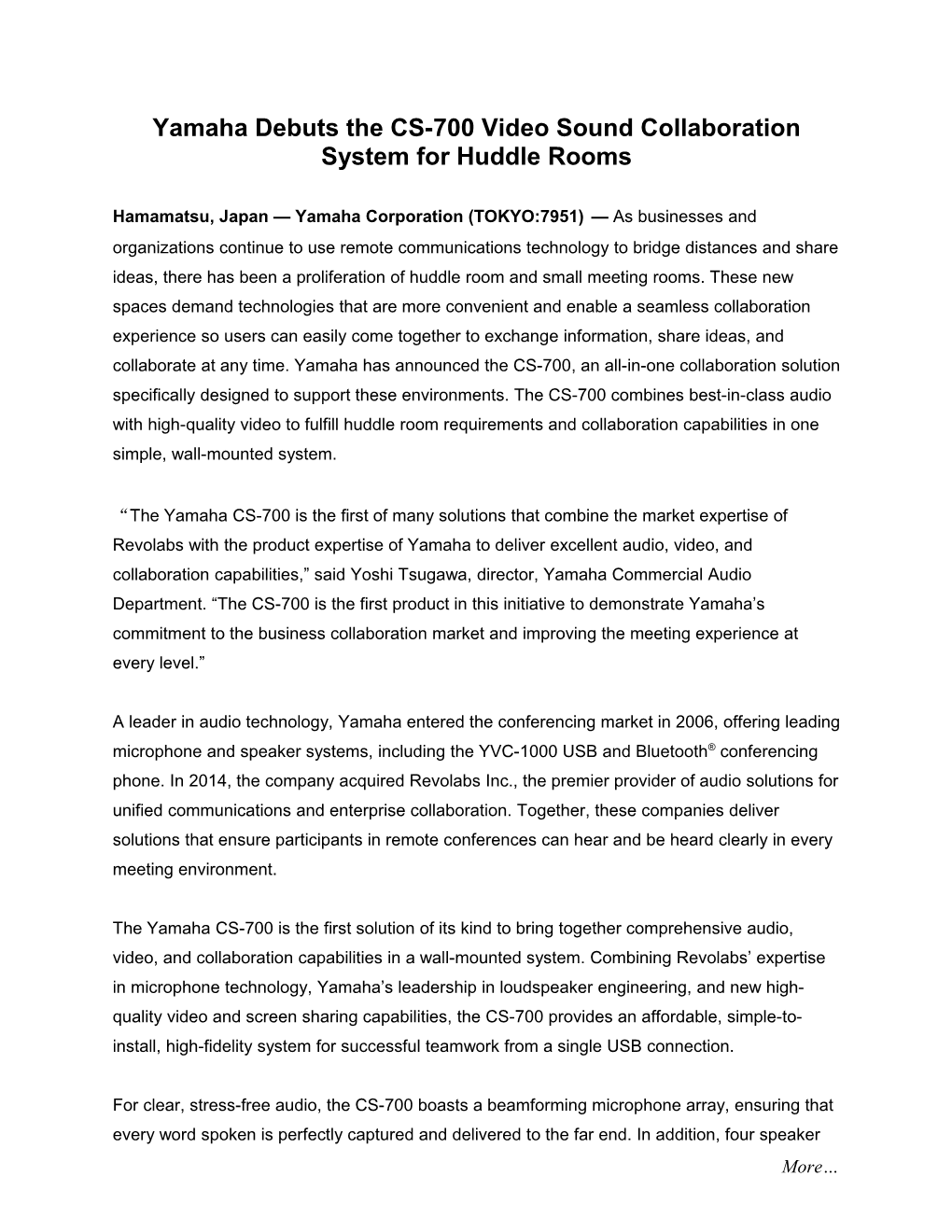 Yamaha Debuts the CS-700 Video Sound Collaboration System for Huddle Rooms
