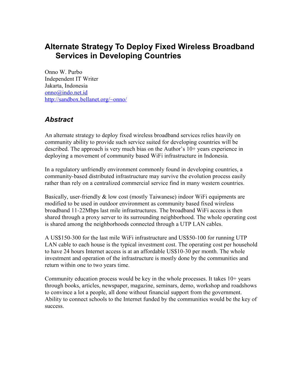Alternate Strategy to Deploy Fixed Wireless Broadband Services in Developing Countries