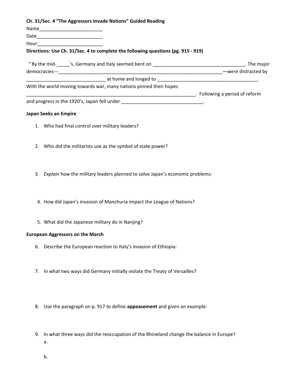 Ch. 31/Sec. 4 the Aggressors Invade Nations Guided Reading Name______ Date______ Hour______