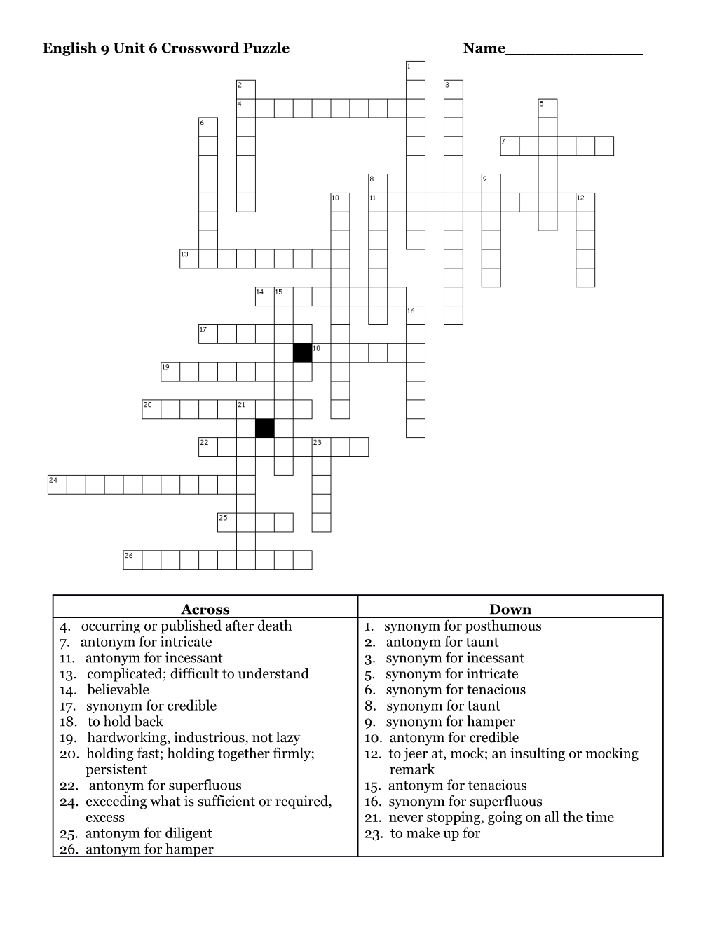 English 9 Unit 6 Crossword Puzzle Name______