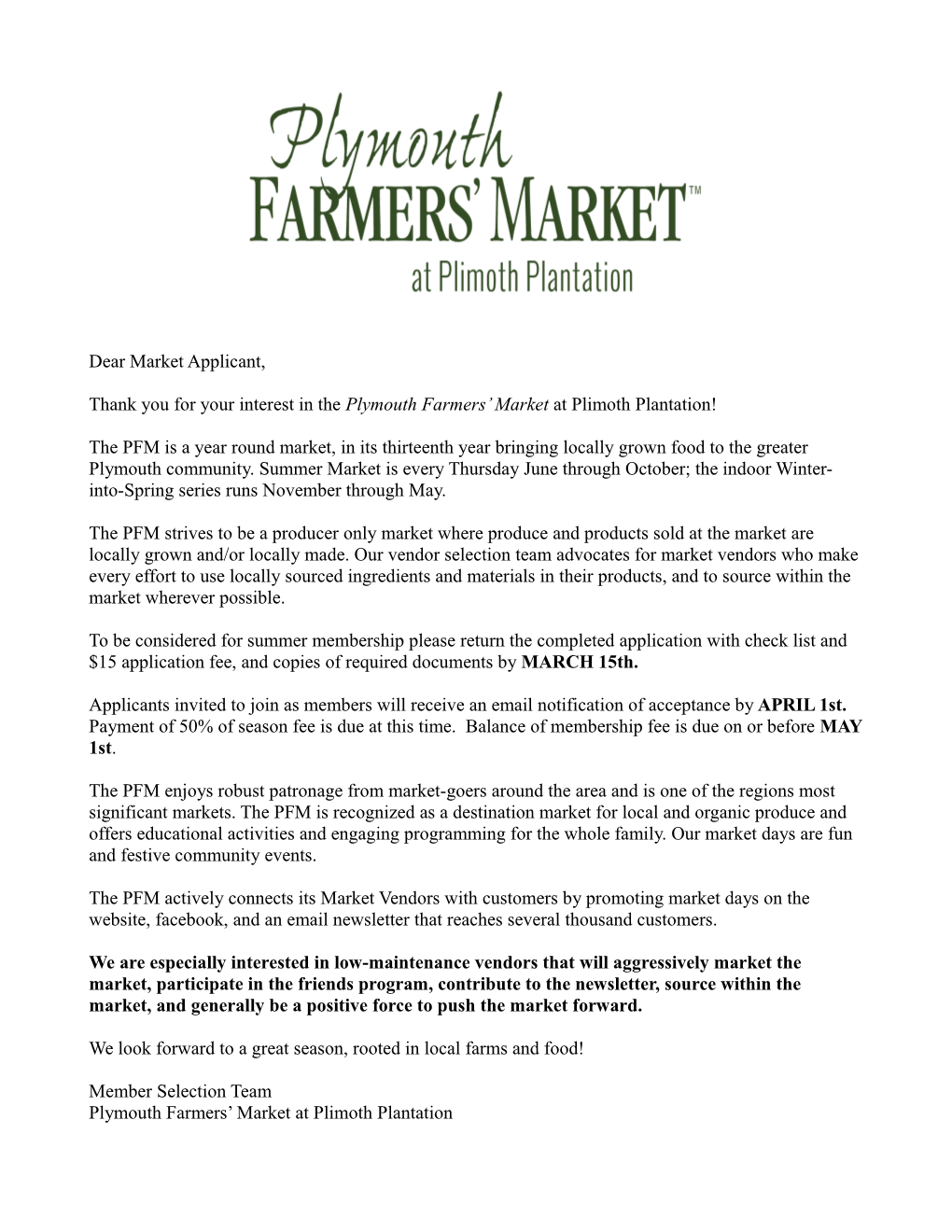 Thank You for Your Interest in the Plymouth Farmers Market at Plimoth Plantation!