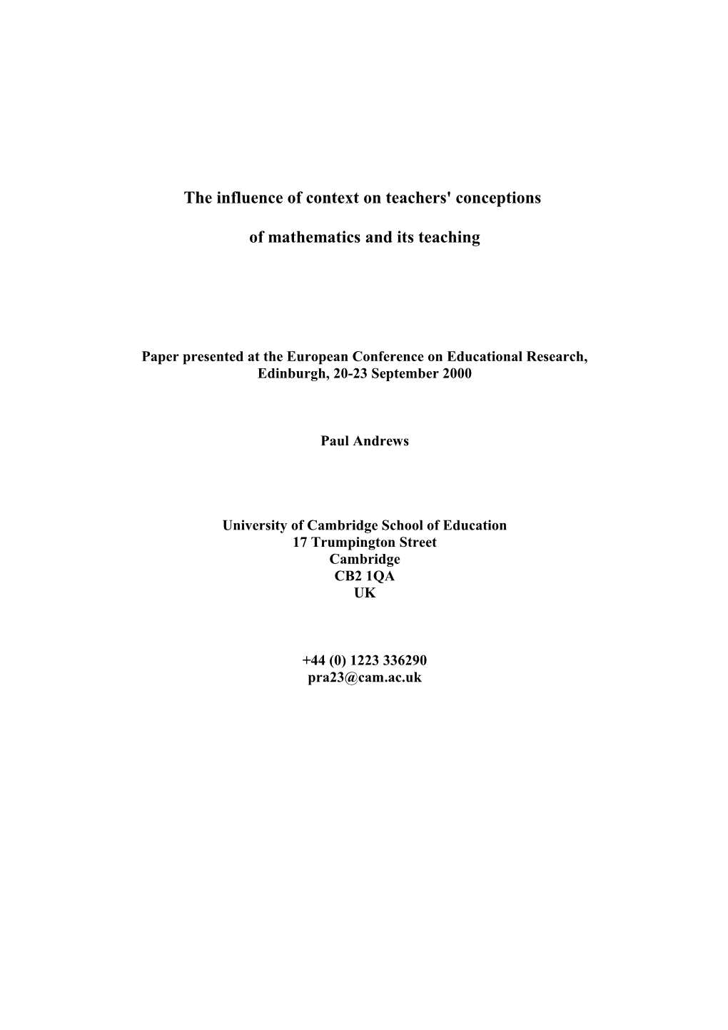 The Influence of Context on Teachers' Conceptions