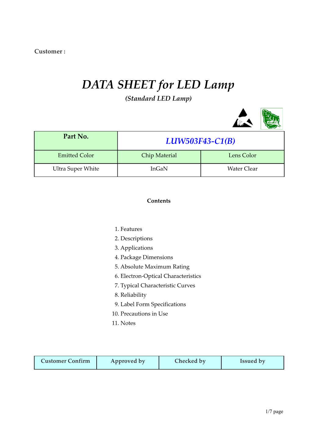 DATA SHEET for LED Lamp