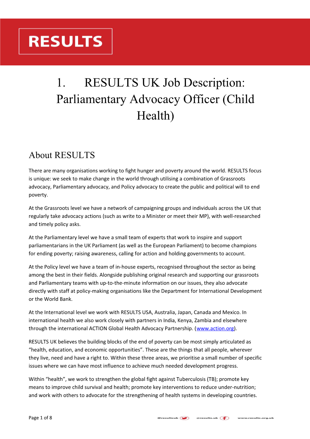 RESULTS UK Job Description: Parliamentary Advocacy Officer (Child Health)