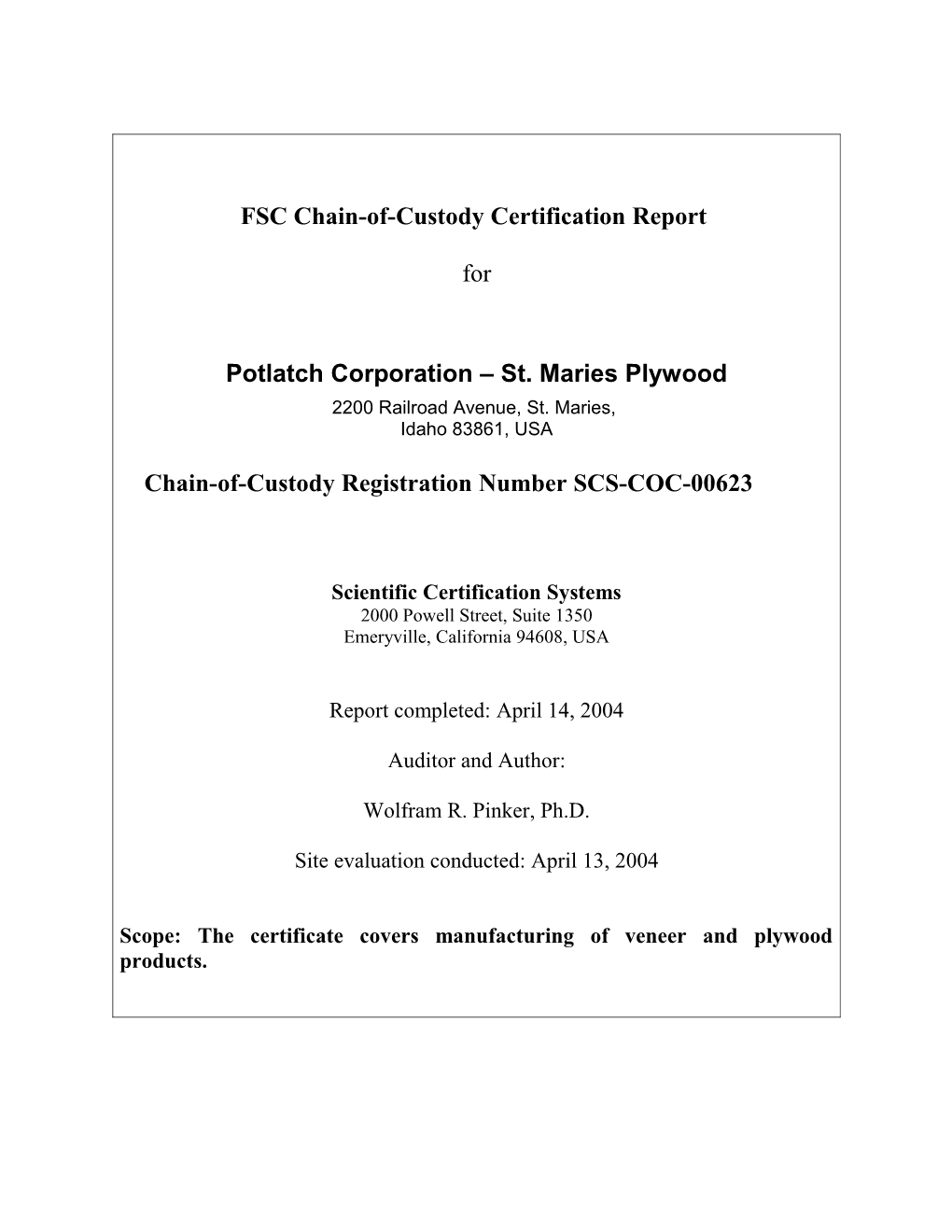 FSC Chain-Of-Custody Certification Report