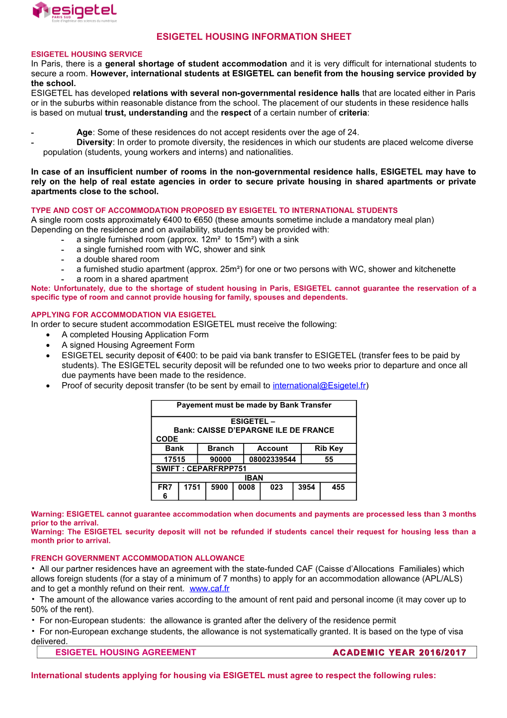 Esigetel Housing Information Sheet