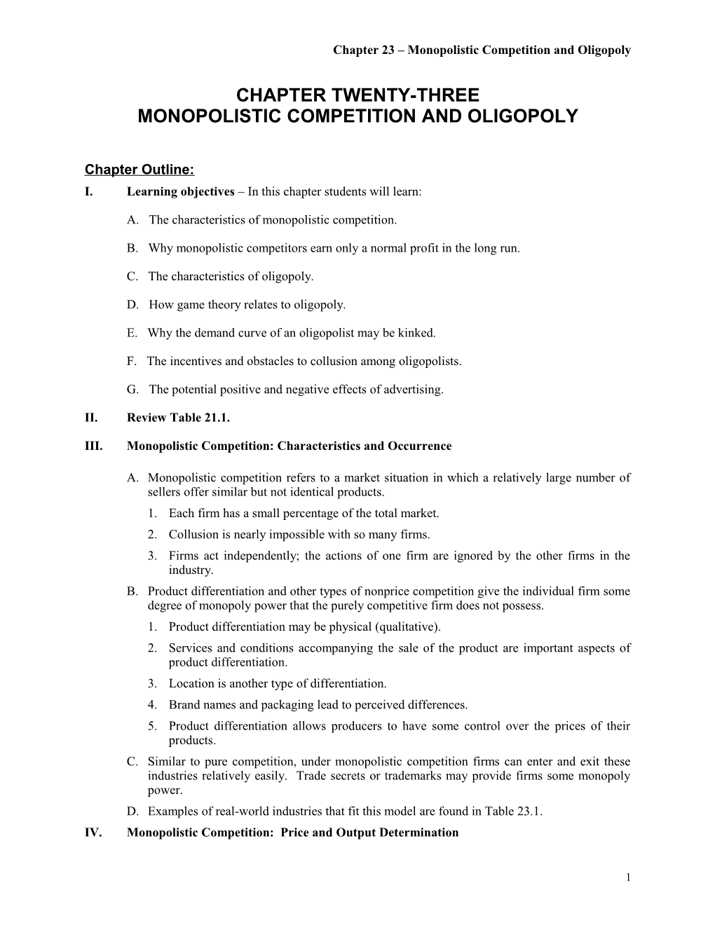 Chapter 23 Monopolistic Competition and Oligopoly